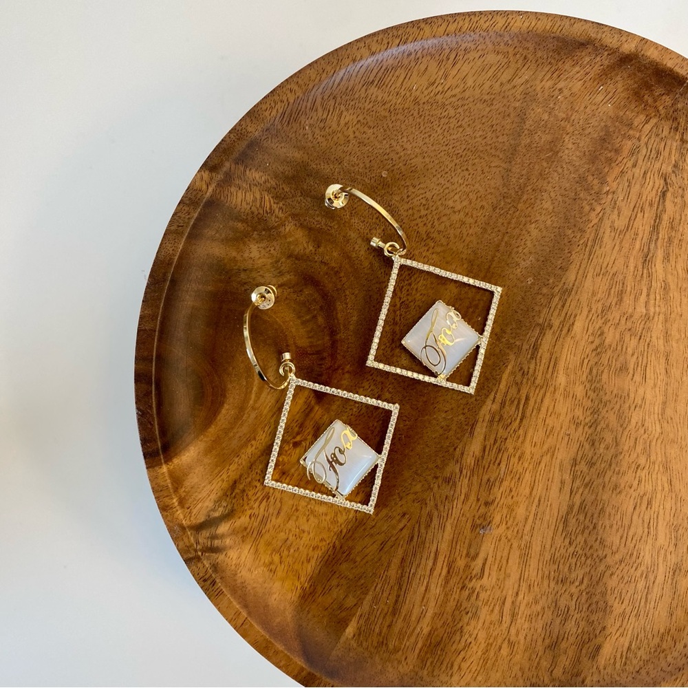 3/$20 Gold Cat Eye Stones Square Hoops Fox Dangling Earrings